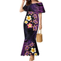 Hawaiian Turtles and Plumeria Family Matching Mermaid Dress and Hawaiian Shirt Polynesian Art Tribal Tattoo Deep Violet Color LT03 Mom's Dress Purple - Polynesian Pride