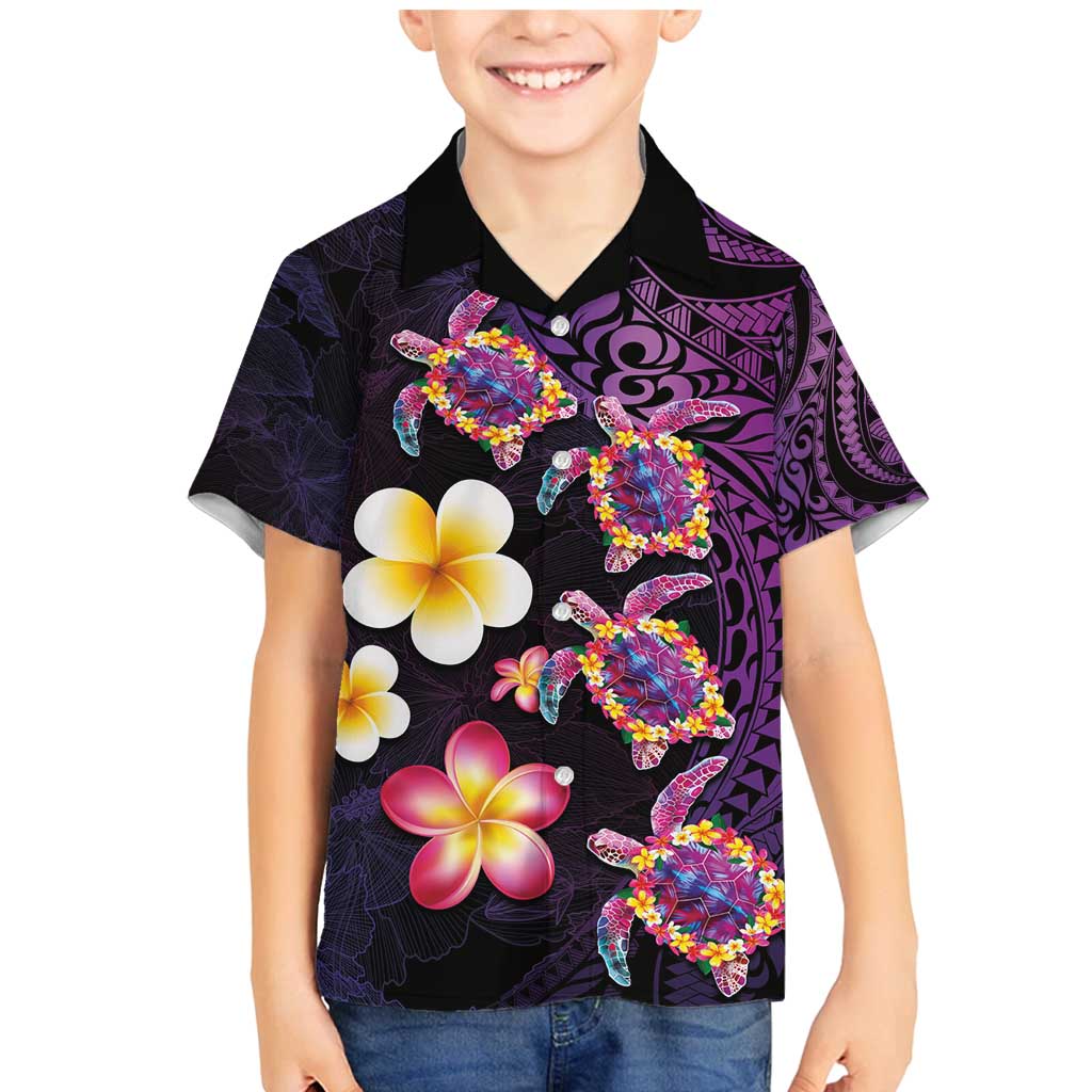 Hawaiian Turtles and Plumeria Family Matching Mermaid Dress and Hawaiian Shirt Polynesian Art Tribal Tattoo Deep Violet Color LT03 Son's Shirt Purple - Polynesian Pride