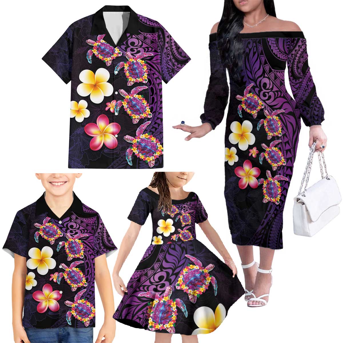 Hawaiian Turtles and Plumeria Family Matching Off The Shoulder Long Sleeve Dress and Hawaiian Shirt Polynesian Art Tribal Tattoo Deep Violet Color LT03 - Polynesian Pride