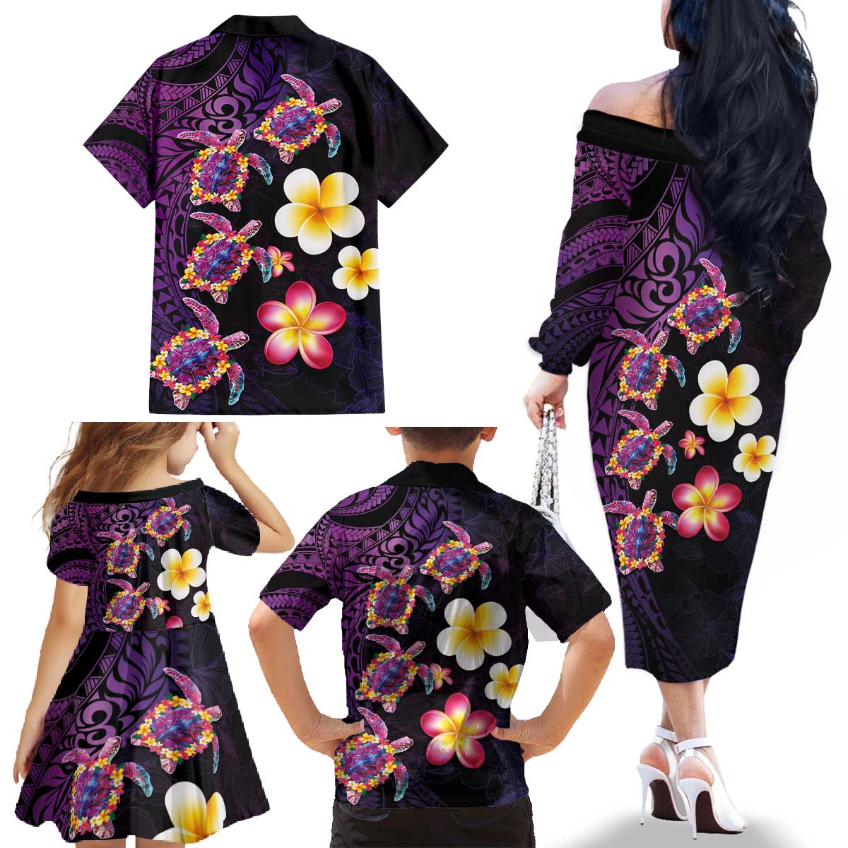 Hawaiian Turtles and Plumeria Family Matching Off The Shoulder Long Sleeve Dress and Hawaiian Shirt Polynesian Art Tribal Tattoo Deep Violet Color LT03 - Polynesian Pride