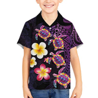 Hawaiian Turtles and Plumeria Family Matching Off The Shoulder Long Sleeve Dress and Hawaiian Shirt Polynesian Art Tribal Tattoo Deep Violet Color LT03 Son's Shirt Purple - Polynesian Pride