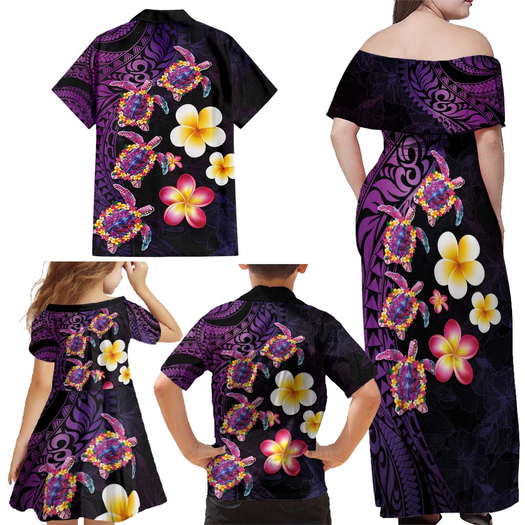 Hawaiian Turtles and Plumeria Family Matching Off Shoulder Maxi Dress and Hawaiian Shirt Polynesian Art Tribal Tattoo Deep Violet Color LT03 - Polynesian Pride