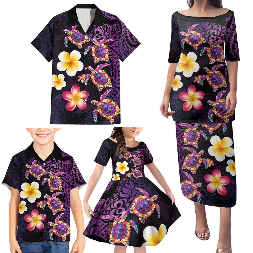 Hawaiian Turtles and Plumeria Family Matching Puletasi and Hawaiian Shirt Polynesian Art Tribal Tattoo Deep Violet Color LT03 - Polynesian Pride