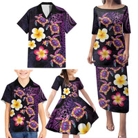 Hawaiian Turtles and Plumeria Family Matching Puletasi and Hawaiian Shirt Polynesian Art Tribal Tattoo Deep Violet Color LT03 - Polynesian Pride
