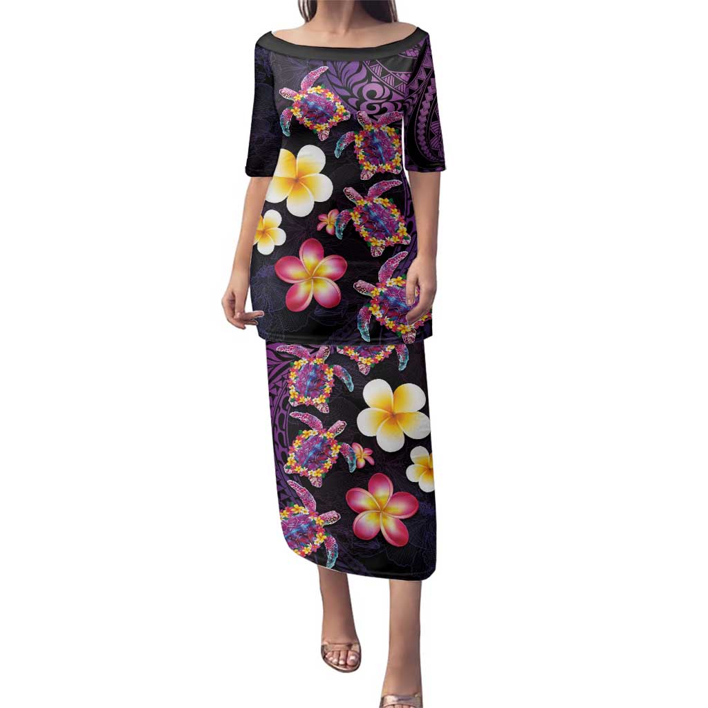 Hawaiian Turtles and Plumeria Family Matching Puletasi and Hawaiian Shirt Polynesian Art Tribal Tattoo Deep Violet Color LT03 Mom's Dress Purple - Polynesian Pride