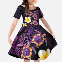 Hawaiian Turtles and Plumeria Family Matching Summer Maxi Dress and Hawaiian Shirt Polynesian Art Tribal Tattoo Deep Violet Color LT03 Daughter's Dress Purple - Polynesian Pride