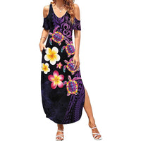 Hawaiian Turtles and Plumeria Family Matching Summer Maxi Dress and Hawaiian Shirt Polynesian Art Tribal Tattoo Deep Violet Color LT03 Mom's Dress Purple - Polynesian Pride