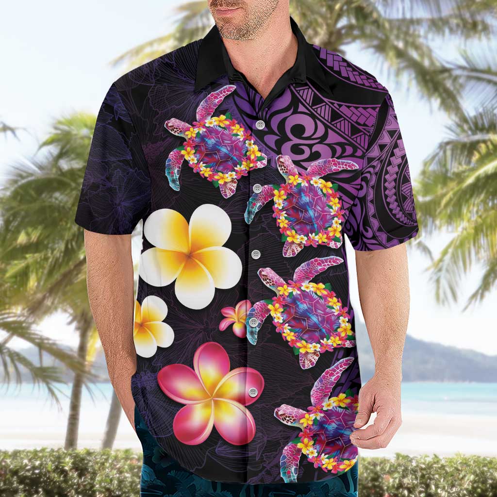 Hawaiian Turtles and Plumeria Hawaiian Shirt Polynesian Art Tribal Tattoo Deep Violet Color LT03 - Polynesian Pride