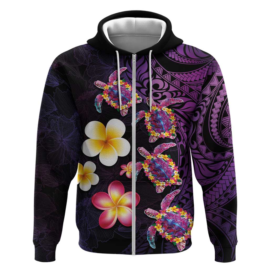 Hawaiian Turtles and Plumeria Hoodie Polynesian Art Tribal Tattoo Deep Violet Color LT03 Zip Hoodie Purple - Polynesian Pride