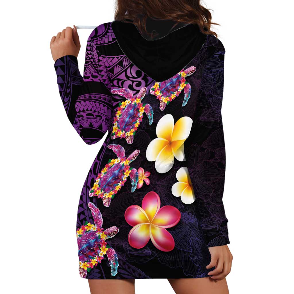 Hawaiian Turtles and Plumeria Hoodie Dress Polynesian Art Tribal Tattoo Deep Violet Color LT03 - Polynesian Pride