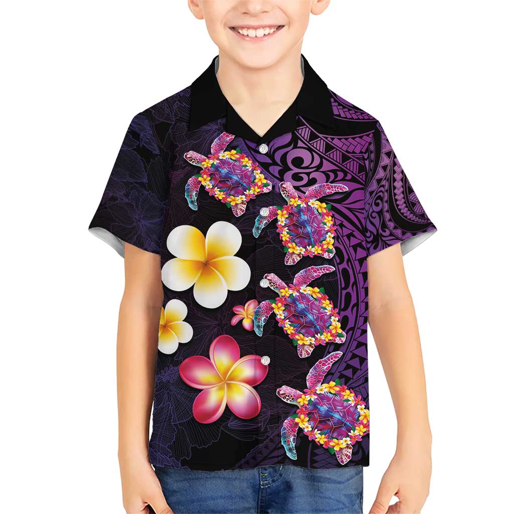 Hawaiian Turtles and Plumeria Kid Hawaiian Shirt Polynesian Art Tribal Tattoo Deep Violet Color LT03 Kid Purple - Polynesian Pride
