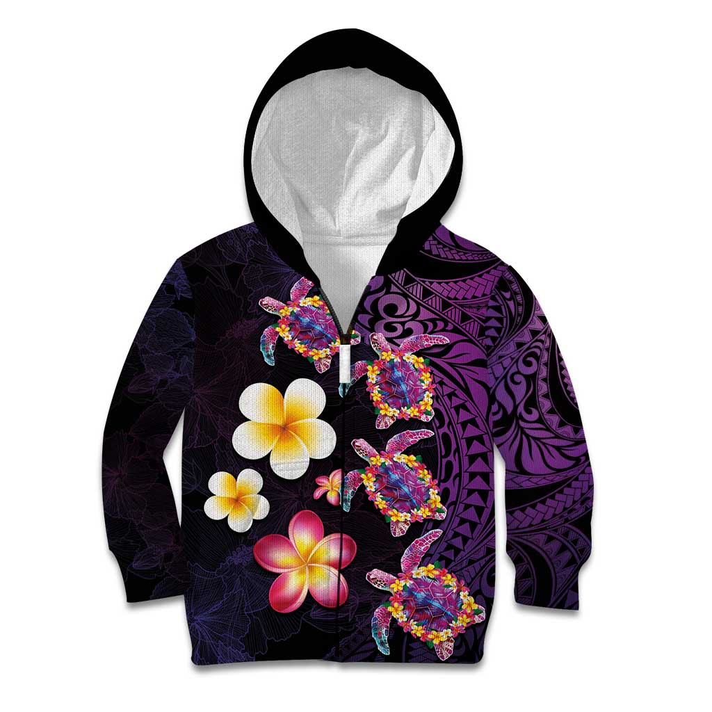 Hawaiian Turtles and Plumeria Kid Hoodie Polynesian Art Tribal Tattoo Deep Violet Color LT03 Zip Hoodie Purple - Polynesian Pride