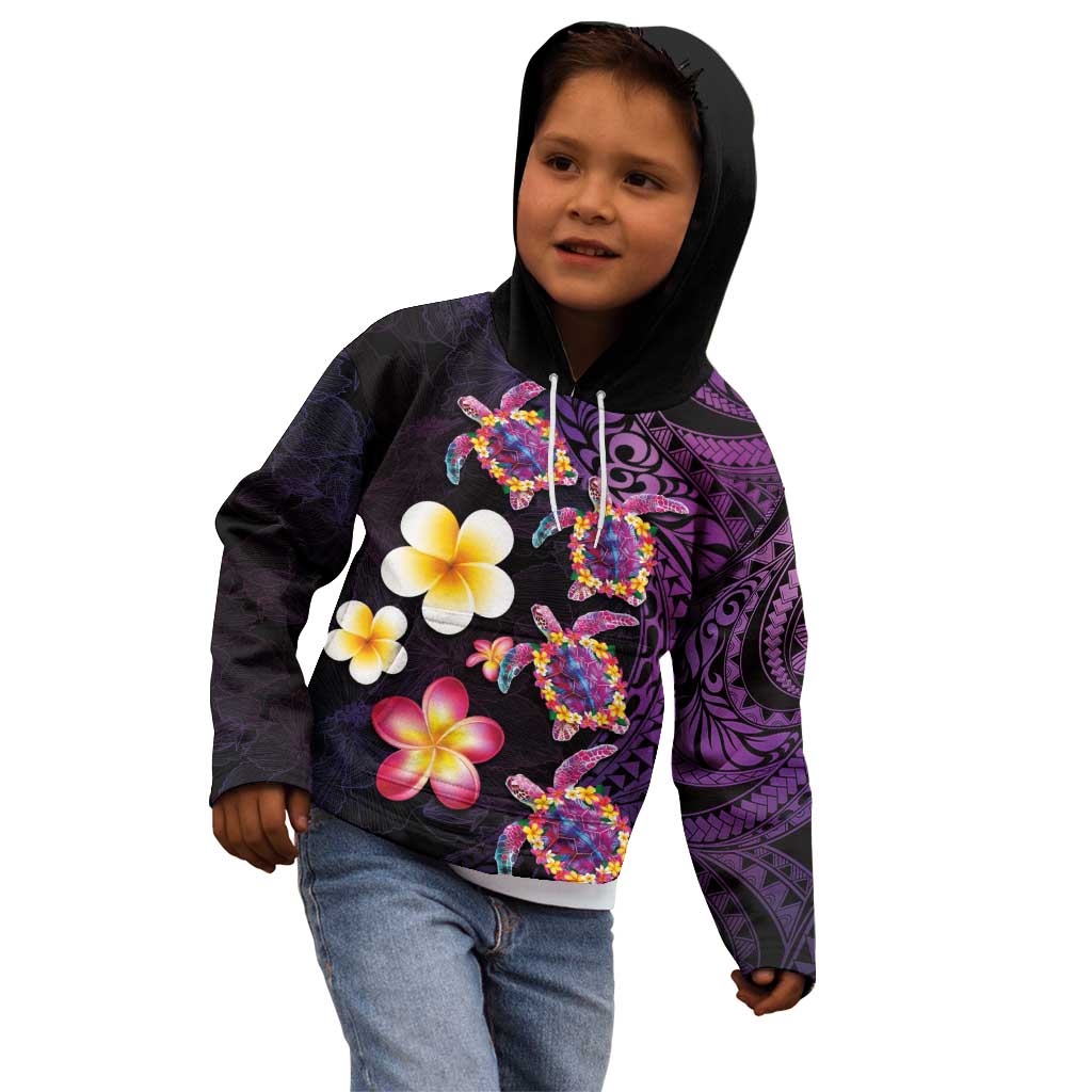 Hawaiian Turtles and Plumeria Kid Hoodie Polynesian Art Tribal Tattoo Deep Violet Color LT03 - Polynesian Pride