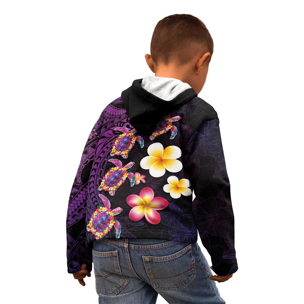 Hawaiian Turtles and Plumeria Kid Hoodie Polynesian Art Tribal Tattoo Deep Violet Color LT03 - Polynesian Pride