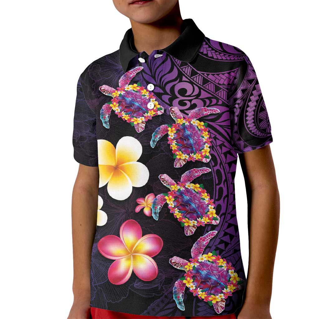 Hawaiian Turtles and Plumeria Kid Polo Shirt Polynesian Art Tribal Tattoo Deep Violet Color LT03 Kid Purple - Polynesian Pride