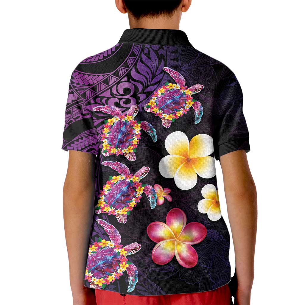 Hawaiian Turtles and Plumeria Kid Polo Shirt Polynesian Art Tribal Tattoo Deep Violet Color LT03 - Polynesian Pride
