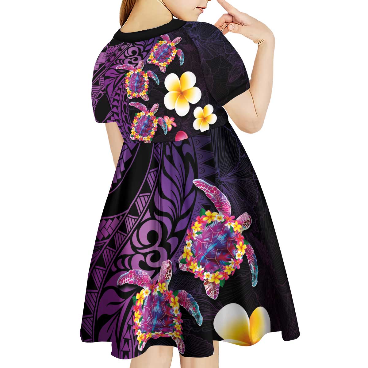 Hawaiian Turtles and Plumeria Kid Short Sleeve Dress Polynesian Art Tribal Tattoo Deep Violet Color LT03 - Polynesian Pride
