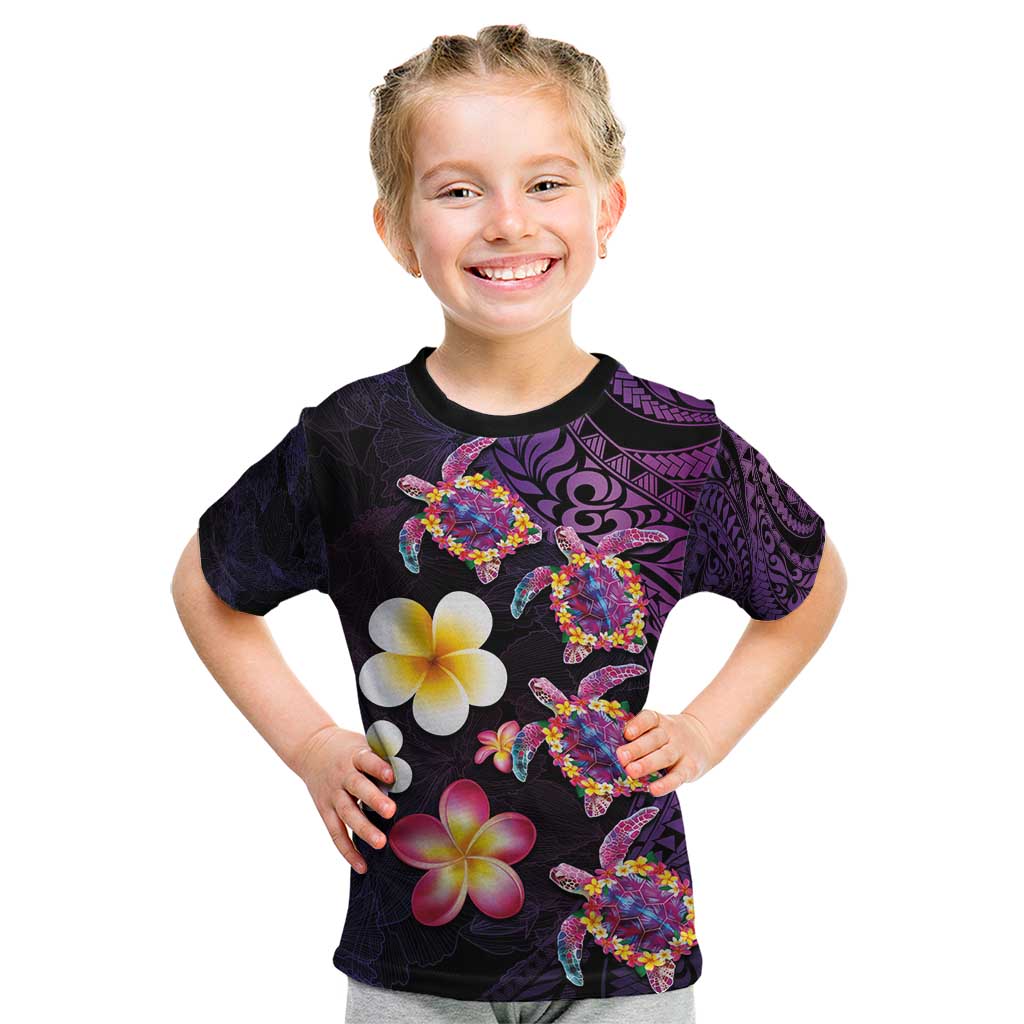 Hawaiian Turtles and Plumeria Kid T Shirt Polynesian Art Tribal Tattoo Deep Violet Color LT03 Purple - Polynesian Pride