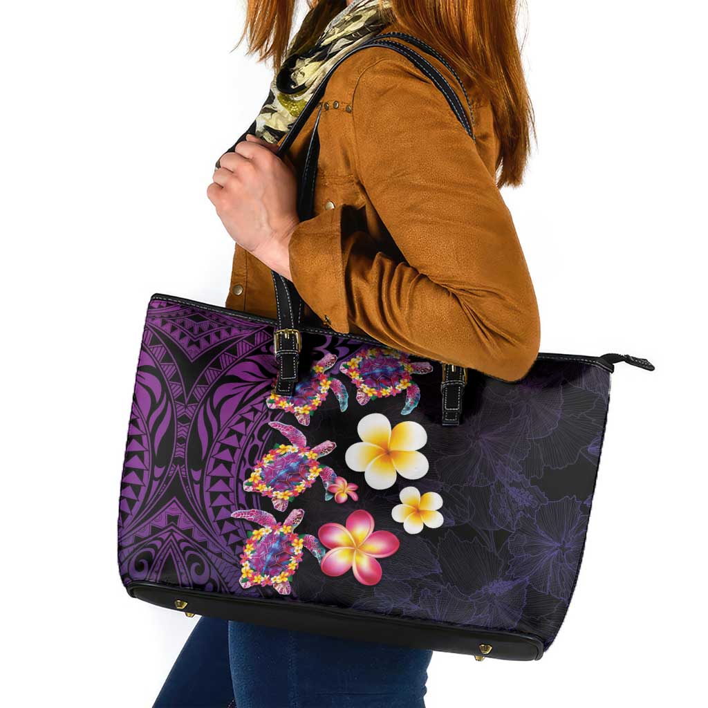Hawaiian Turtles and Plumeria Leather Tote Bag Polynesian Art Tribal Tattoo Deep Violet Color LT03 Purple - Polynesian Pride