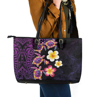 Hawaiian Turtles and Plumeria Leather Tote Bag Polynesian Art Tribal Tattoo Deep Violet Color LT03 - Polynesian Pride
