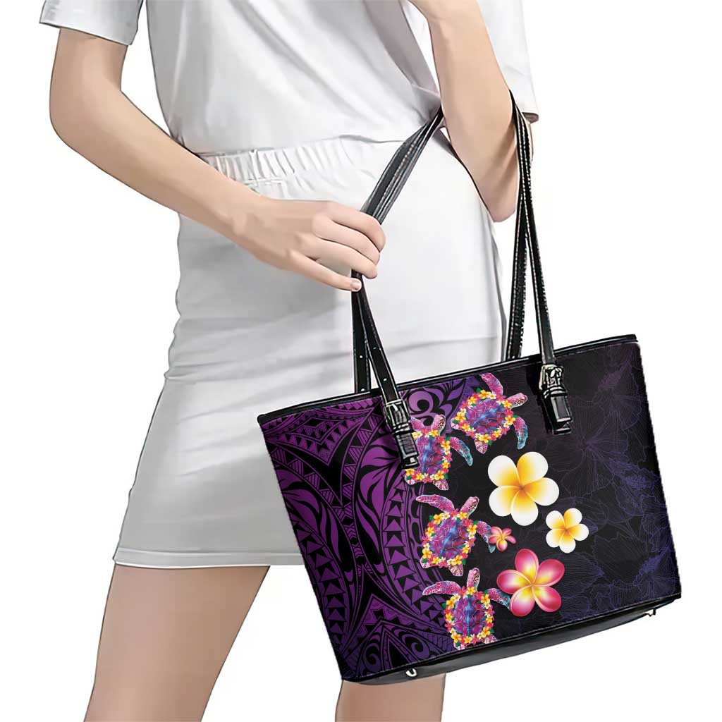 Hawaiian Turtles and Plumeria Leather Tote Bag Polynesian Art Tribal Tattoo Deep Violet Color LT03 - Polynesian Pride