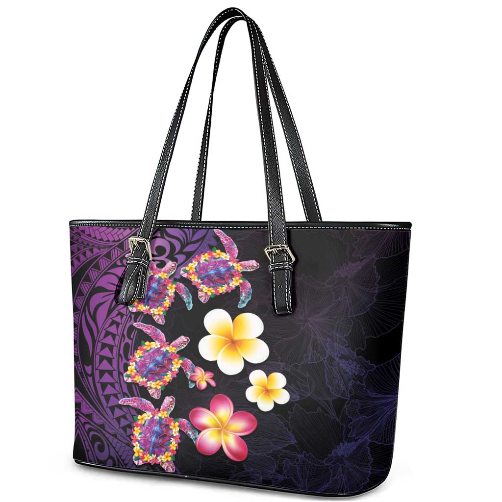 Hawaiian Turtles and Plumeria Leather Tote Bag Polynesian Art Tribal Tattoo Deep Violet Color LT03 - Polynesian Pride