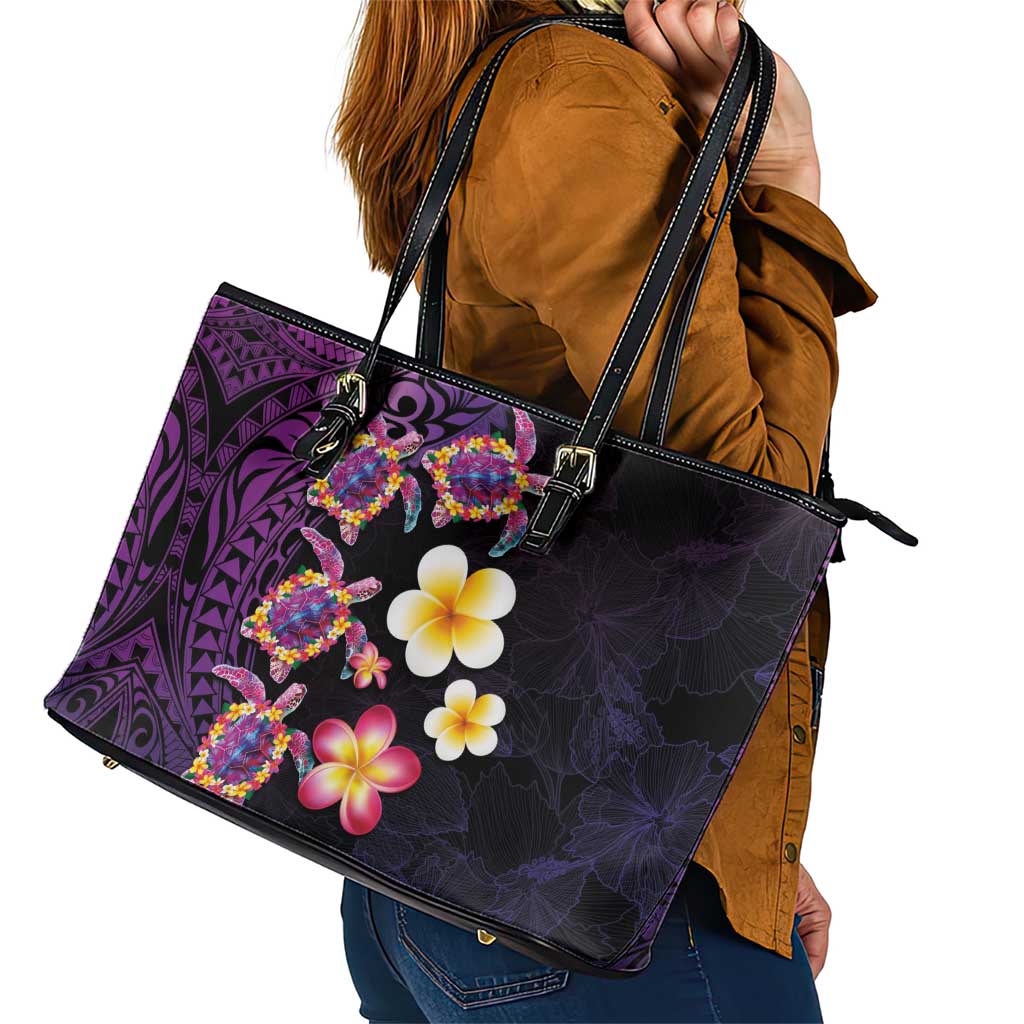 Hawaiian Turtles and Plumeria Leather Tote Bag Polynesian Art Tribal Tattoo Deep Violet Color LT03 - Polynesian Pride