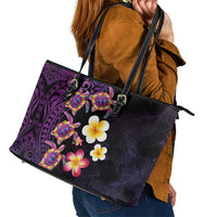 Hawaiian Turtles and Plumeria Leather Tote Bag Polynesian Art Tribal Tattoo Deep Violet Color LT03 - Polynesian Pride