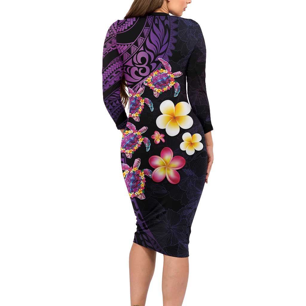 Hawaiian Turtles and Plumeria Long Sleeve Bodycon Dress Polynesian Art Tribal Tattoo Deep Violet Color LT03 - Polynesian Pride