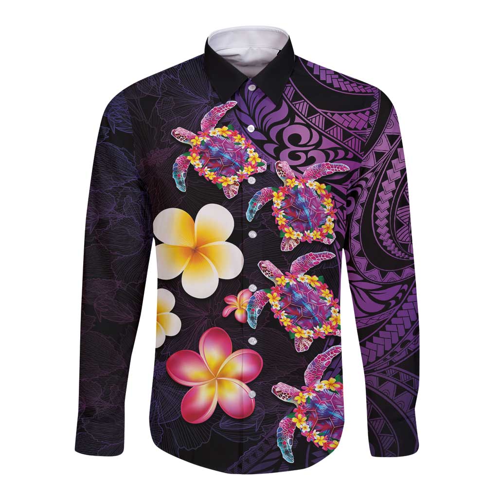 Hawaiian Turtles and Plumeria Long Sleeve Button Shirt Polynesian Art Tribal Tattoo Deep Violet Color LT03 Unisex Purple - Polynesian Pride