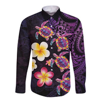 Hawaiian Turtles and Plumeria Long Sleeve Button Shirt Polynesian Art Tribal Tattoo Deep Violet Color LT03 Unisex Purple - Polynesian Pride