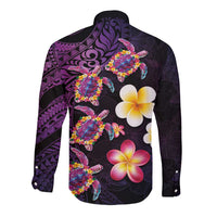 Hawaiian Turtles and Plumeria Long Sleeve Button Shirt Polynesian Art Tribal Tattoo Deep Violet Color LT03 - Polynesian Pride