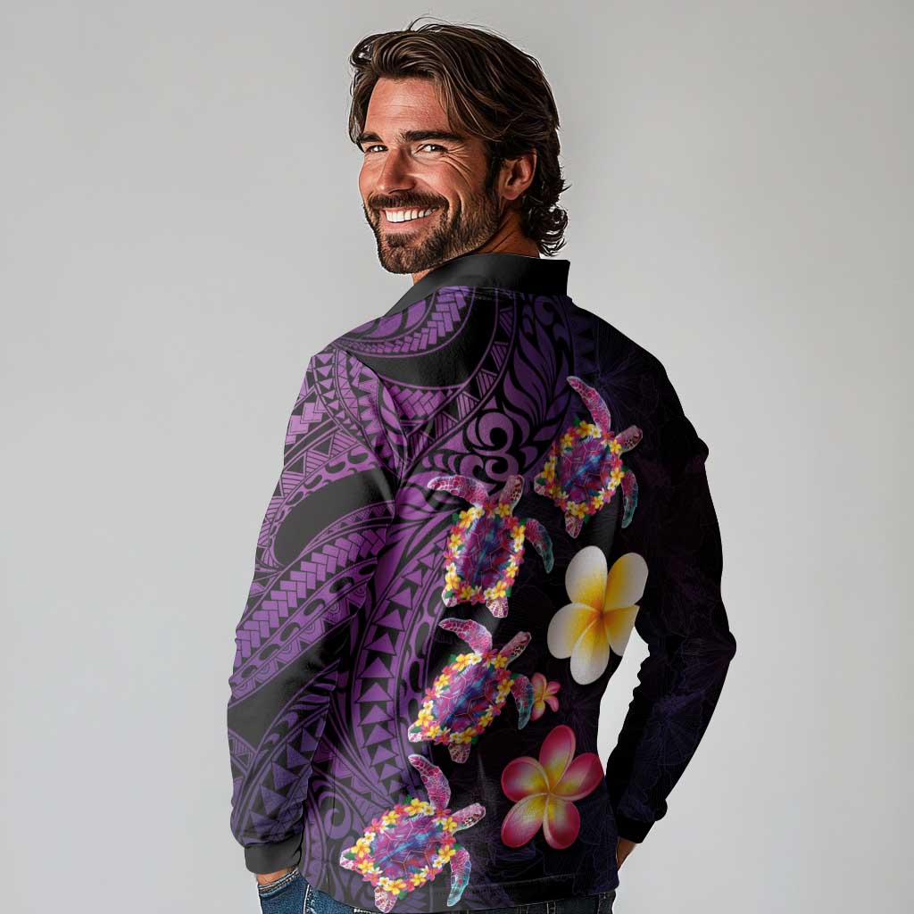Hawaiian Turtles and Plumeria Long Sleeve Polo Shirt Polynesian Art Tribal Tattoo Deep Violet Color LT03 - Polynesian Pride