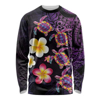 Hawaiian Turtles and Plumeria Long Sleeve Shirt Polynesian Art Tribal Tattoo Deep Violet Color LT03 Unisex Purple - Polynesian Pride