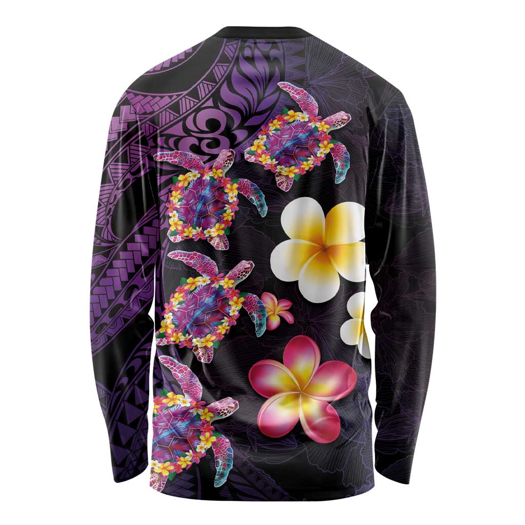 Hawaiian Turtles and Plumeria Long Sleeve Shirt Polynesian Art Tribal Tattoo Deep Violet Color LT03 - Polynesian Pride