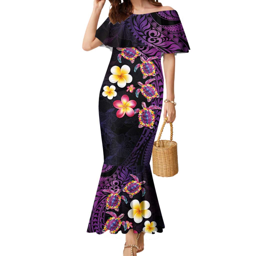 Hawaiian Turtles and Plumeria Mermaid Dress Polynesian Art Tribal Tattoo Deep Violet Color LT03 Women Purple - Polynesian Pride