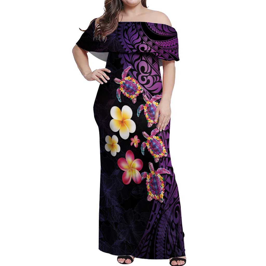 Hawaiian Turtles and Plumeria Off Shoulder Maxi Dress Polynesian Art Tribal Tattoo Deep Violet Color LT03 Women Purple - Polynesian Pride