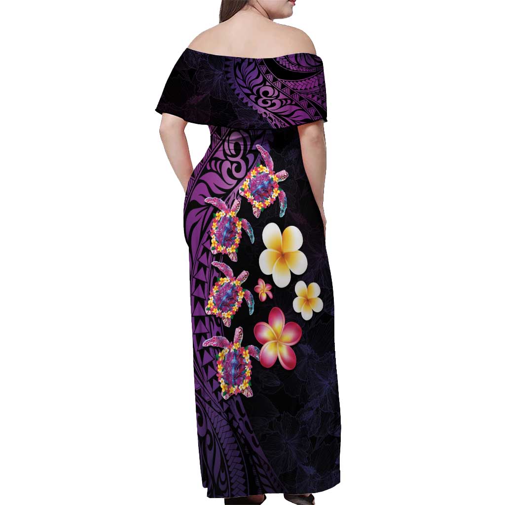 Hawaiian Turtles and Plumeria Off Shoulder Maxi Dress Polynesian Art Tribal Tattoo Deep Violet Color LT03 - Polynesian Pride