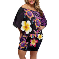 Hawaiian Turtles and Plumeria Off Shoulder Short Dress Polynesian Art Tribal Tattoo Deep Violet Color LT03 Women Purple - Polynesian Pride