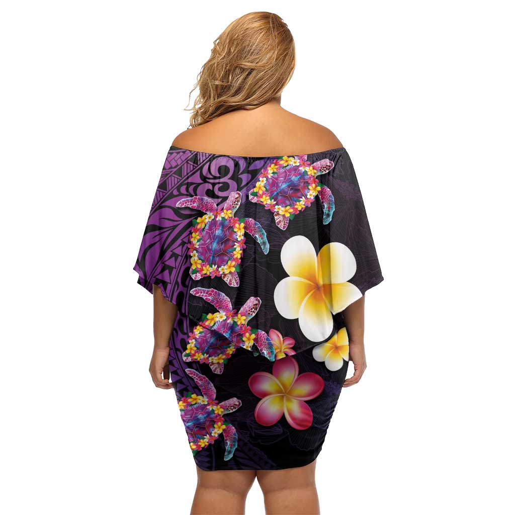 Hawaiian Turtles and Plumeria Off Shoulder Short Dress Polynesian Art Tribal Tattoo Deep Violet Color LT03 - Polynesian Pride