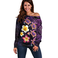 Hawaiian Turtles and Plumeria Off Shoulder Sweater Polynesian Art Tribal Tattoo Deep Violet Color LT03 Women Purple - Polynesian Pride