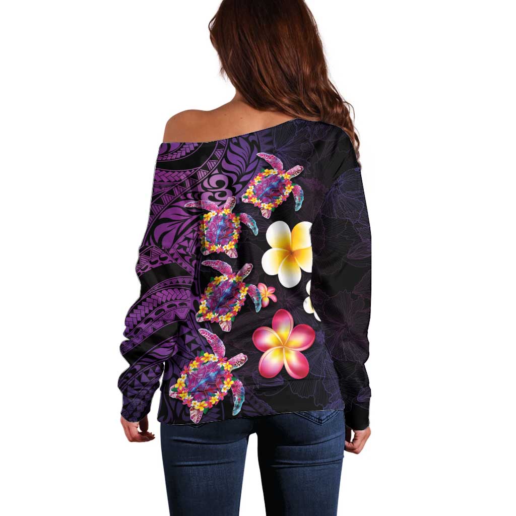 Hawaiian Turtles and Plumeria Off Shoulder Sweater Polynesian Art Tribal Tattoo Deep Violet Color LT03 - Polynesian Pride