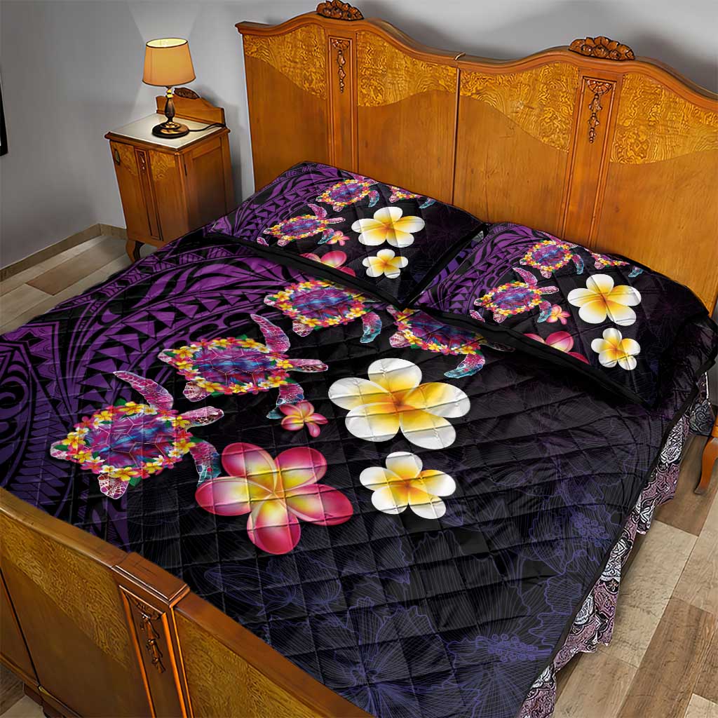 Hawaiian Turtles and Plumeria Quilt Bed Set Polynesian Art Tribal Tattoo Deep Violet Color LT03 - Polynesian Pride