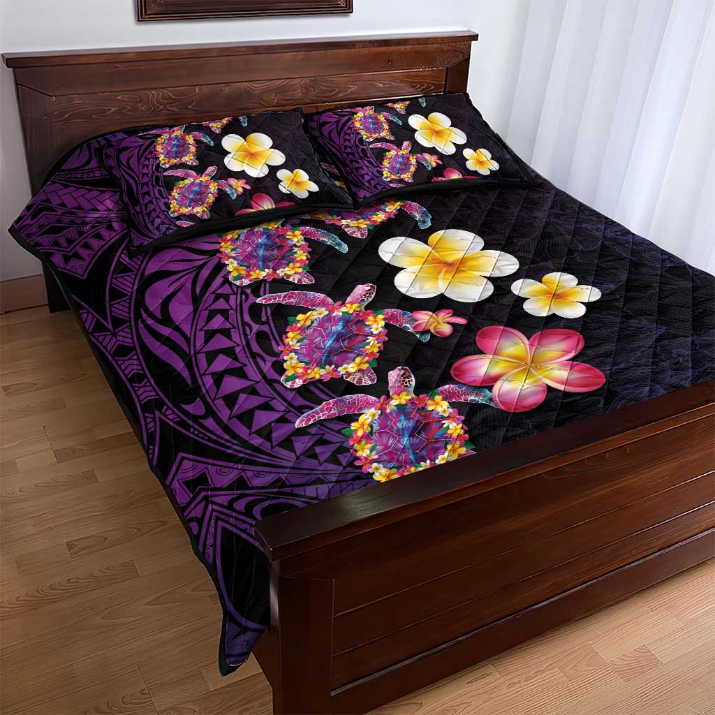Hawaiian Turtles and Plumeria Quilt Bed Set Polynesian Art Tribal Tattoo Deep Violet Color LT03 - Polynesian Pride