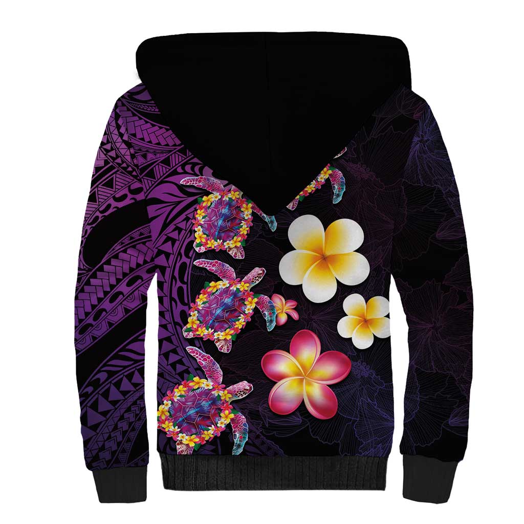 Hawaiian Turtles and Plumeria Sherpa Hoodie Polynesian Art Tribal Tattoo Deep Violet Color LT03 - Polynesian Pride