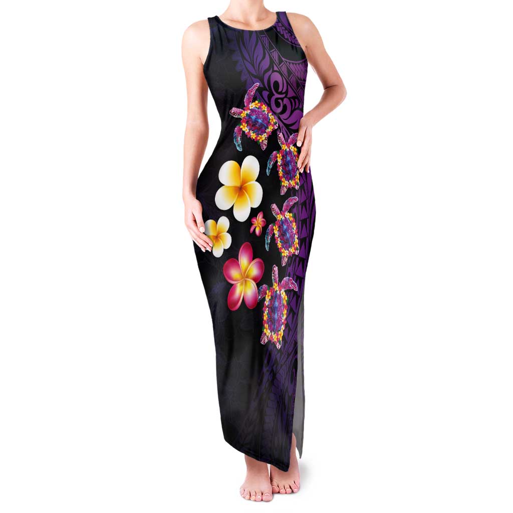 Hawaiian Turtles and Plumeria Tank Maxi Dress Polynesian Art Tribal Tattoo Deep Violet Color LT03 Women Purple - Polynesian Pride