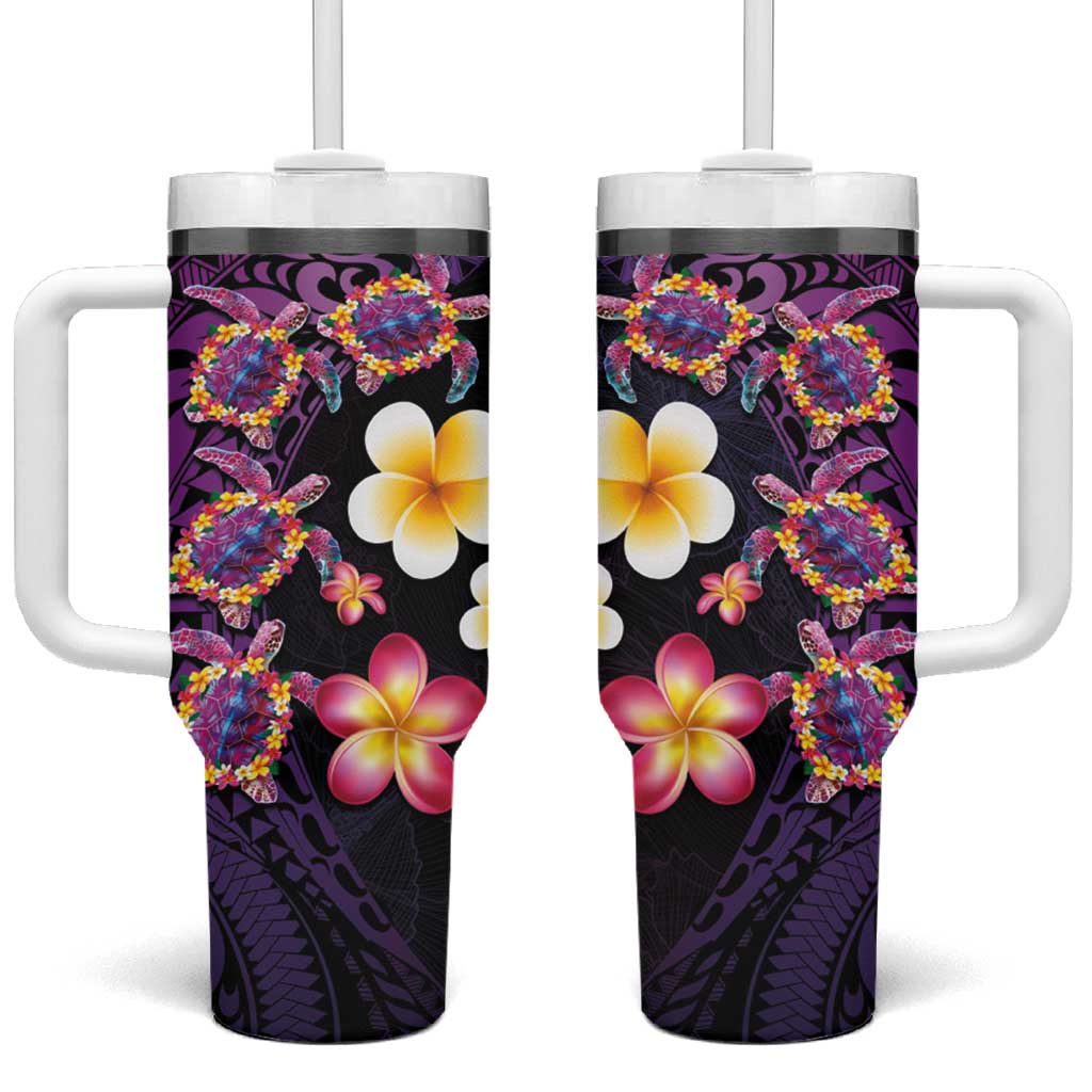 Hawaiian Turtles and Plumeria Tumbler With Handle Polynesian Art Tribal Tattoo Deep Violet Color LT03 One Size: 40 oz Purple - Polynesian Pride