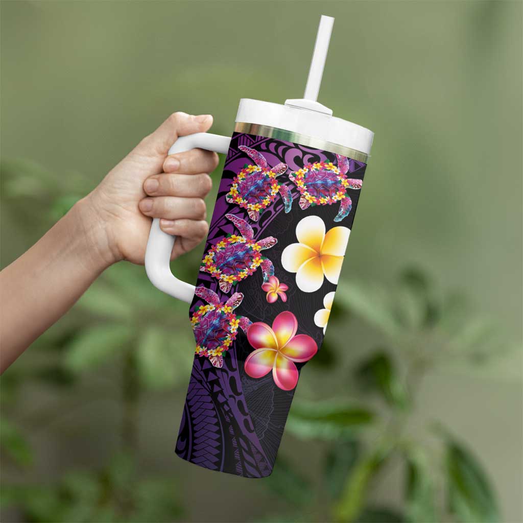 Hawaiian Turtles and Plumeria Tumbler With Handle Polynesian Art Tribal Tattoo Deep Violet Color LT03 - Polynesian Pride