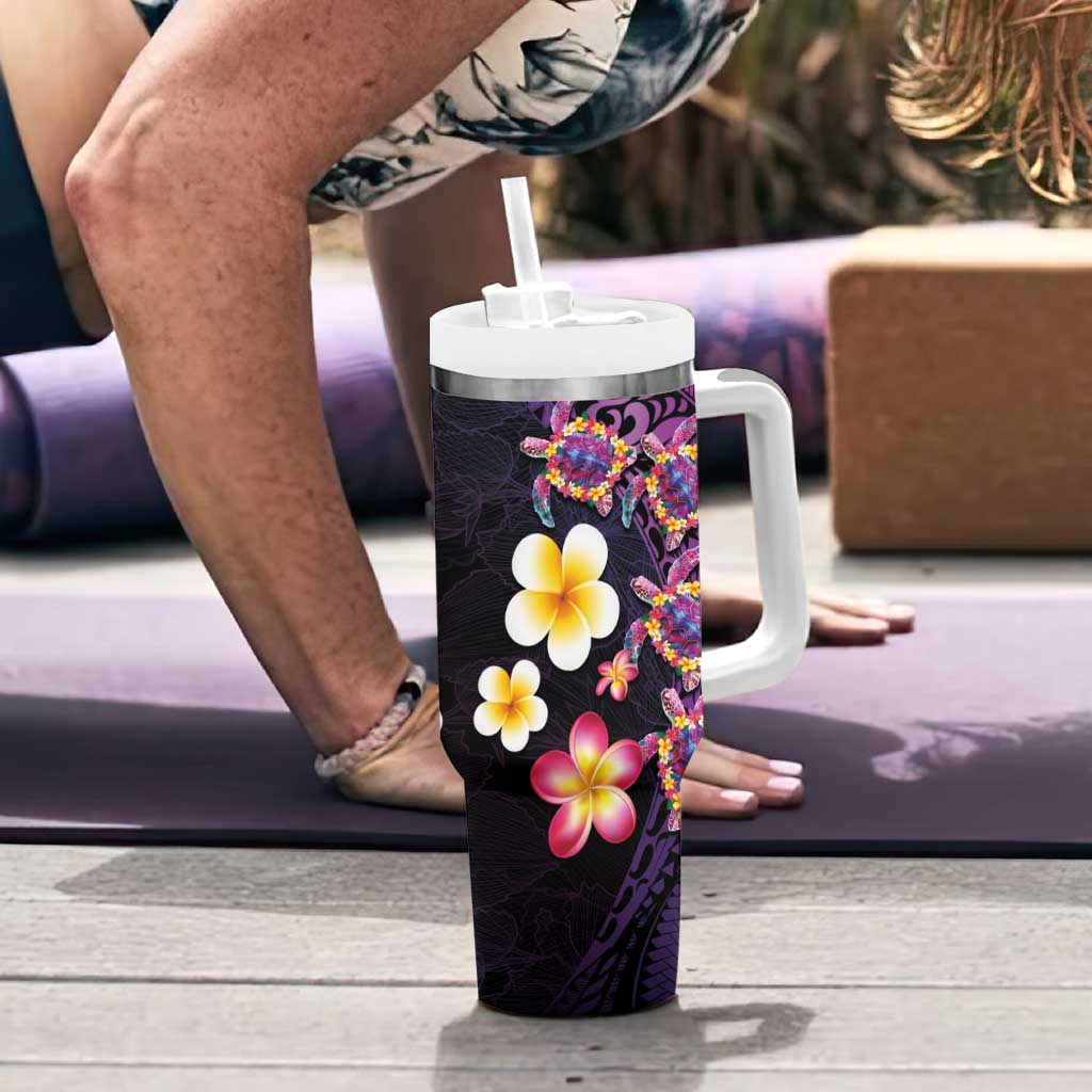 Hawaiian Turtles and Plumeria Tumbler With Handle Polynesian Art Tribal Tattoo Deep Violet Color LT03 - Polynesian Pride