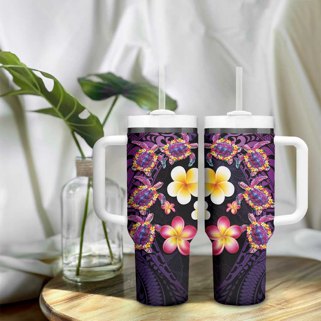 Hawaiian Turtles and Plumeria Tumbler With Handle Polynesian Art Tribal Tattoo Deep Violet Color LT03 - Polynesian Pride